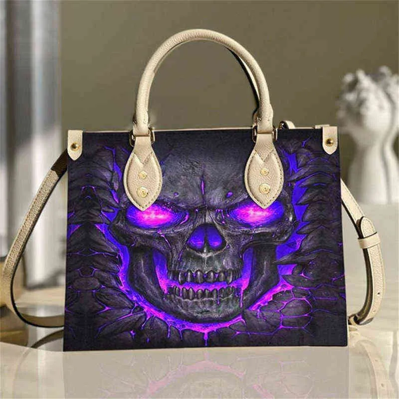 HBP Halloween Skull Design Digital Full Print Handbag Women's Pu Large Capacity Portable Meal Bag 220805