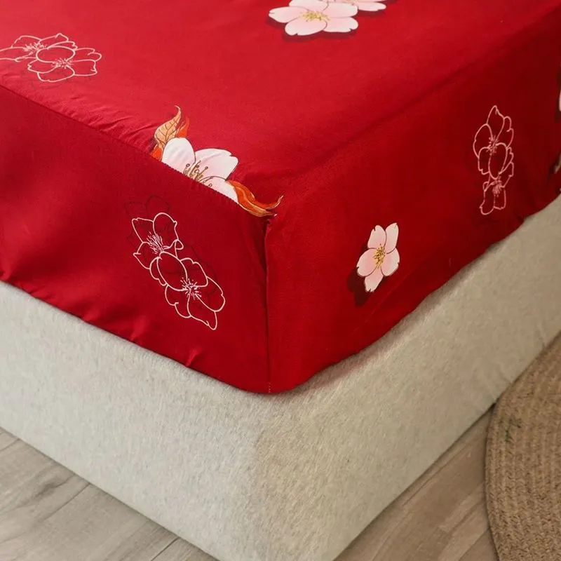 Flor roja primavera/verano sábana bajera ajustable cubierta de elasticidad redonda, ropa de cama, 150*200*30 cm, 180*200*30, sin funda de almohada 220514