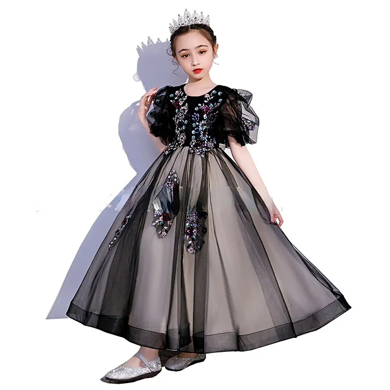 Högkvalitativ tjej Pageantklänningar Black First Holy Communion Dresses For Girl Tulle spetsbefäl Toddler Pageant Flower Girl Dress for Wedding and Birthday