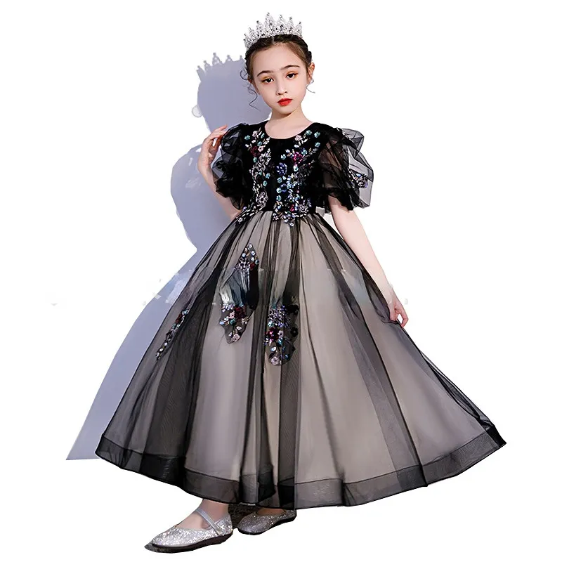 Hochwertige Mädchen-Festzug-Kleider, schwarze Erstkommunion-Kleider für Mädchen, Tüll-Spitze, Kleinkind-Festzug-Blumenmädchenkleid für Hochzeit und Geburtstag