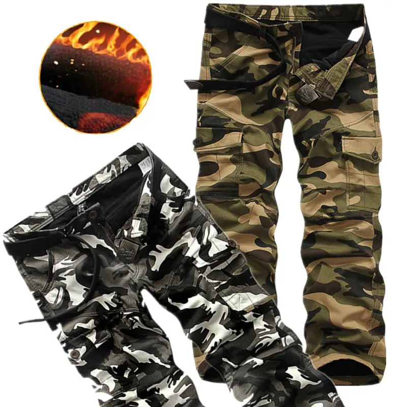 Pantaloni cargo in pile da uomo Pantaloni multitasche larghi casuali Pantaloni militari invernali da combattimento Camouflage Pantaloni tattici Abbigliamento maschile 220330