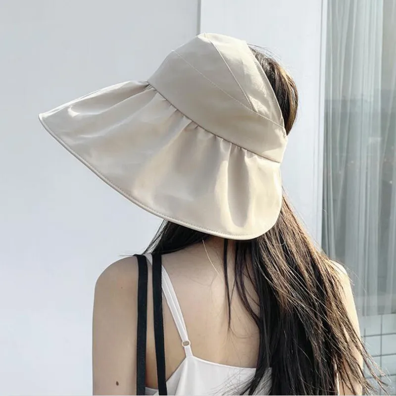 YOYOCORN summer pearl adjustable big heads widebrimmed beach UV protection packable sun visor hat with 220627
