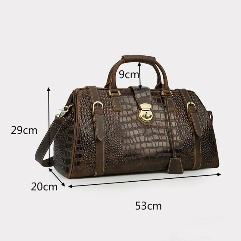 Duffelväskor Vintage Crazy Horse äkta läder Mens resväska stor kapacitet Crocodile Duffle Carry On Bagage Bolsa OvernightDU318C