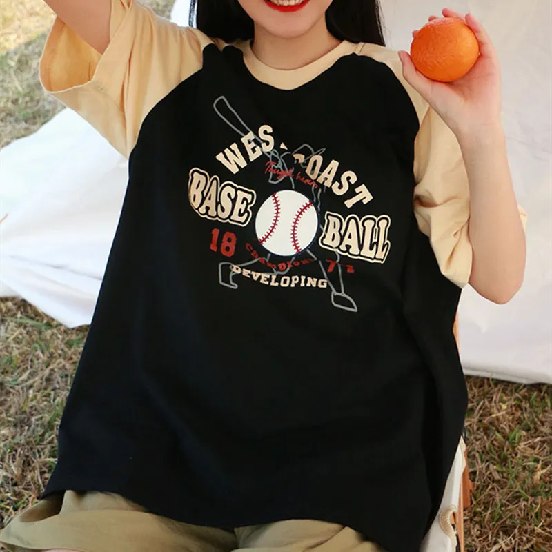 Material de algodão Retro Sport Baseball Carta impressa camisetas mulheres grandes tshirts de verão harajuku adolescentes meninas tops casuais 220511