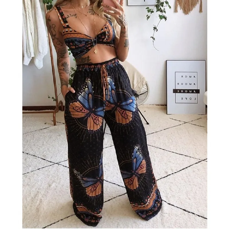 Yaz kadın moda 2 adet set trainesuit boho baskı seksi kolsuz mahsul üst gevşek geniş bacak pantolonları kadın giyim 220713