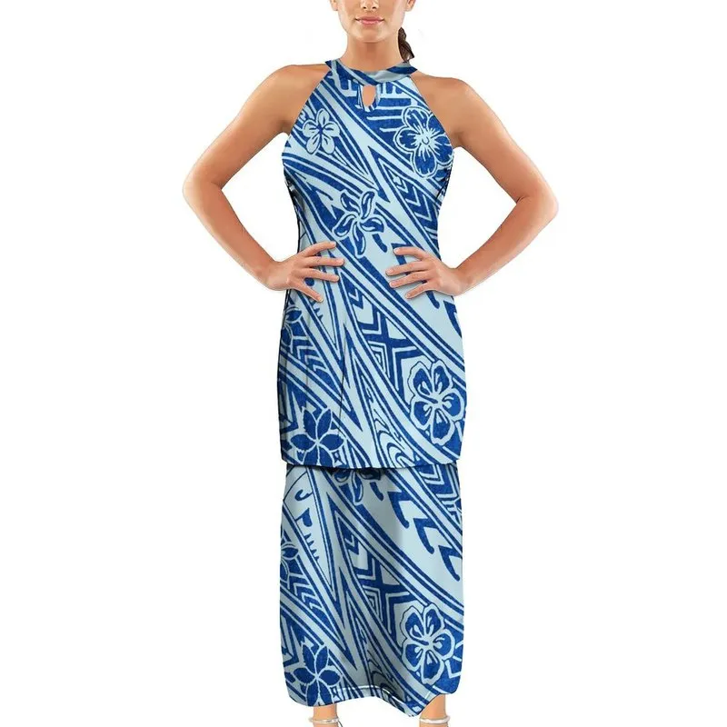 Blue Pacific Island Art Polynesian Hawaiian Tribal Neck And Sleeveless Puletasi O-Neck Polyester Top Skirt Two Piece Set 220706