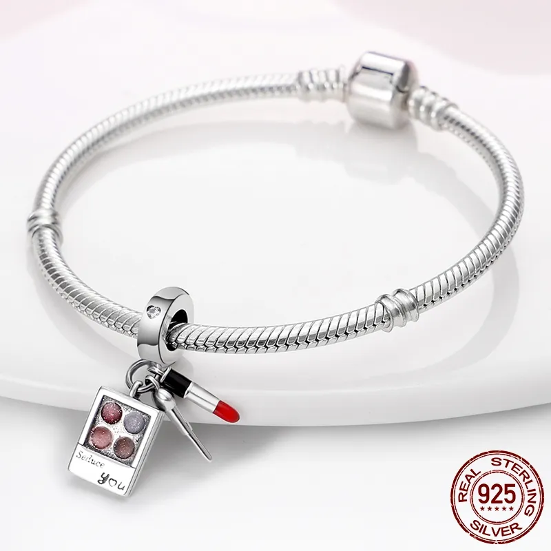 925 Sterling Argent Dangle Charm Garçon et Fille Bulldog Rouge À Lèvres Ombre À Paupières Perles Perle Fit Pandora Charms Bracelet DIY Bijoux Accessoires