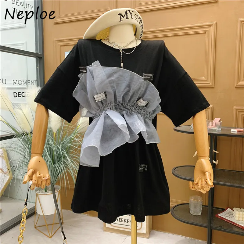 Neploe Fashion Saymetricalメッシュパッチワーク偽Tシャツ女性Oネックプルオーバー半袖ティーサマーコットンレディーストップ220408