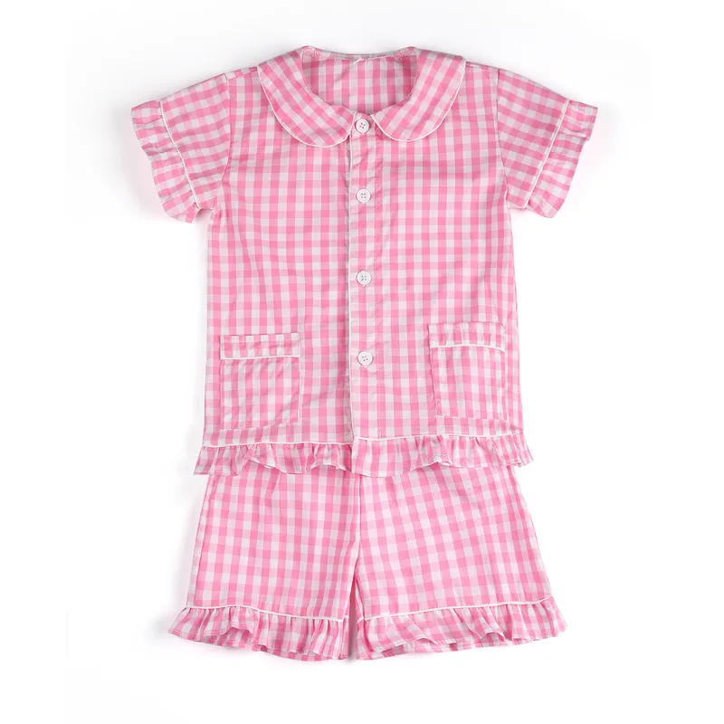 Kids Clothing 100% Cotton Summer Short Sleeve Pajamas Seersucker Girls Sleepwear 220426