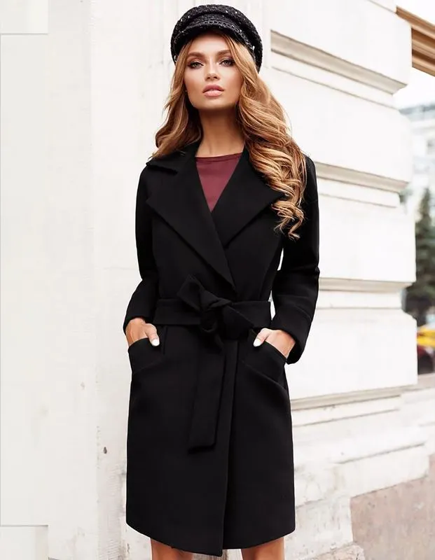 Women's Wool Blends Women Jackets Coat Autumn Winter Warm Woolen Blend Lapel Long Coat with Belt Elegant Chic Solid Slim Fit Overcoat Outerwear 220826