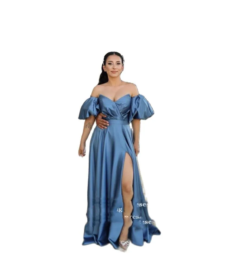 Blue Evening Dresses Party Satin A-Line Detachable Short Sleeves Arabic Dubai Prom Gowns Celebrity Formal306R