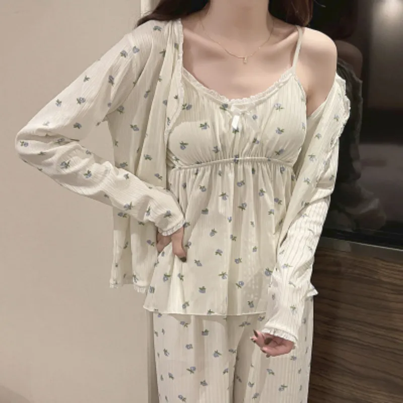Harajpee pyjama trois pièces ensemble imprimé Camisole Cardigan avec coussin de poitrine pantalon Homewear femmes printemps Ins Mori Girl Style 220329