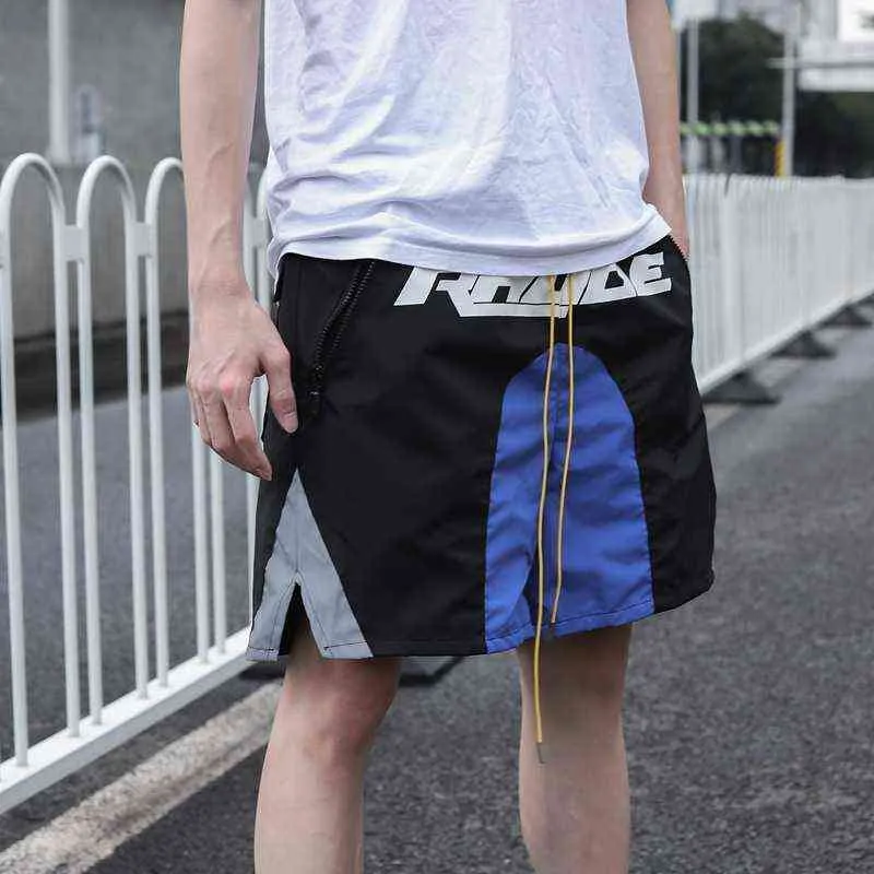 Brand Chao Rhude Color Matching Reflective Stitching Printed Shorts Men's Mesh Drawstring Sports Capris