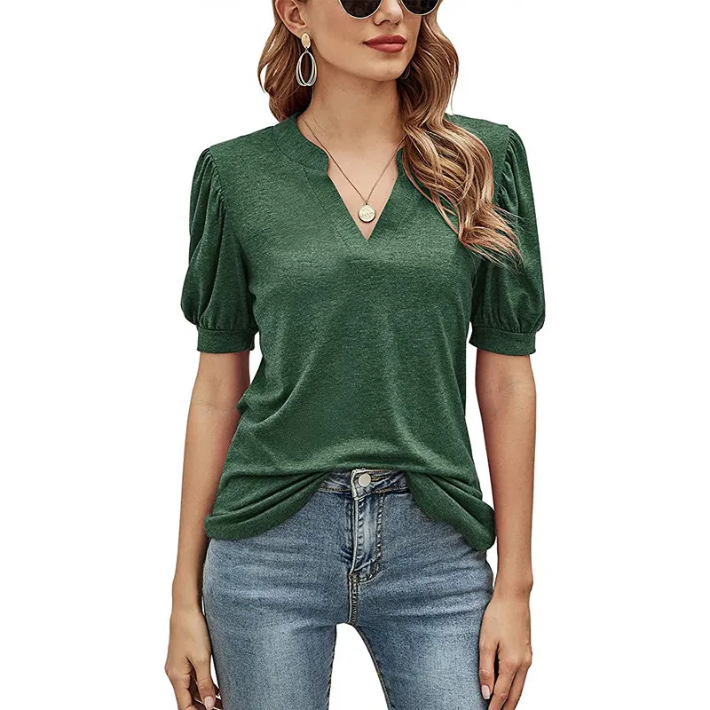 夏のカジュアルVネックTシャツのソリッドカラーパフスリーブルーズクロップトップレディース女性服用の綿特大のTシャツ