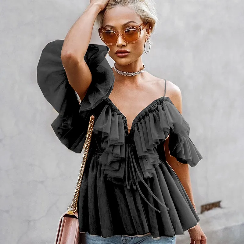 Fanco Vintage Ruffle Summer Women koszulka z ramiona seksowna peplum top żeńska mesh bez pleców żeńska bluzka Blusas CX220330