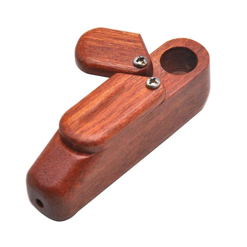 Portable Herb Wooden Smoking Pipes with Swivel Lid & Storage Box Creative Mini Foldable Cover Wood Smoke Pipe Bongs Tobacco Cigarette Holder ZL0973