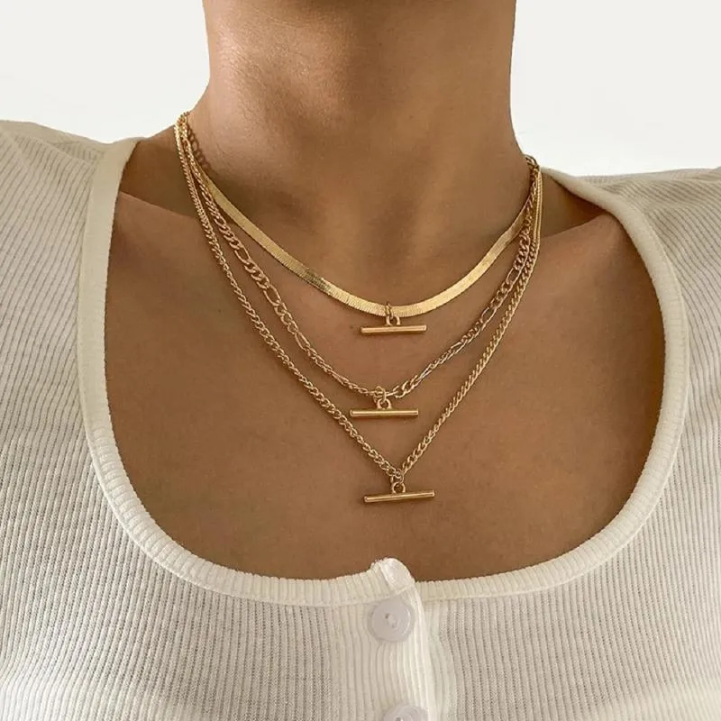 Anhänger Halsketten Mode Geometrische Metall Bar Charme Multi-Stil Kette Halskette Set Einfache Hip-Hop Frauen Flache Schlange Clavicle259W