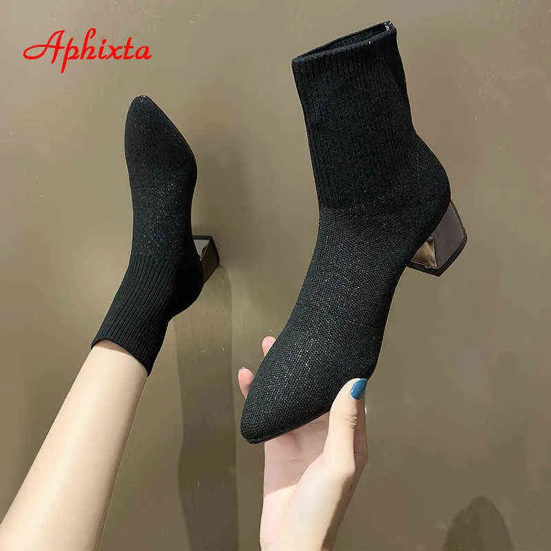 Aphixta 2022 New Bling Women Sock Boots Saltos Quadrados de Taço de Moda de Moda de Moda Curto Boots Footwears Y220729