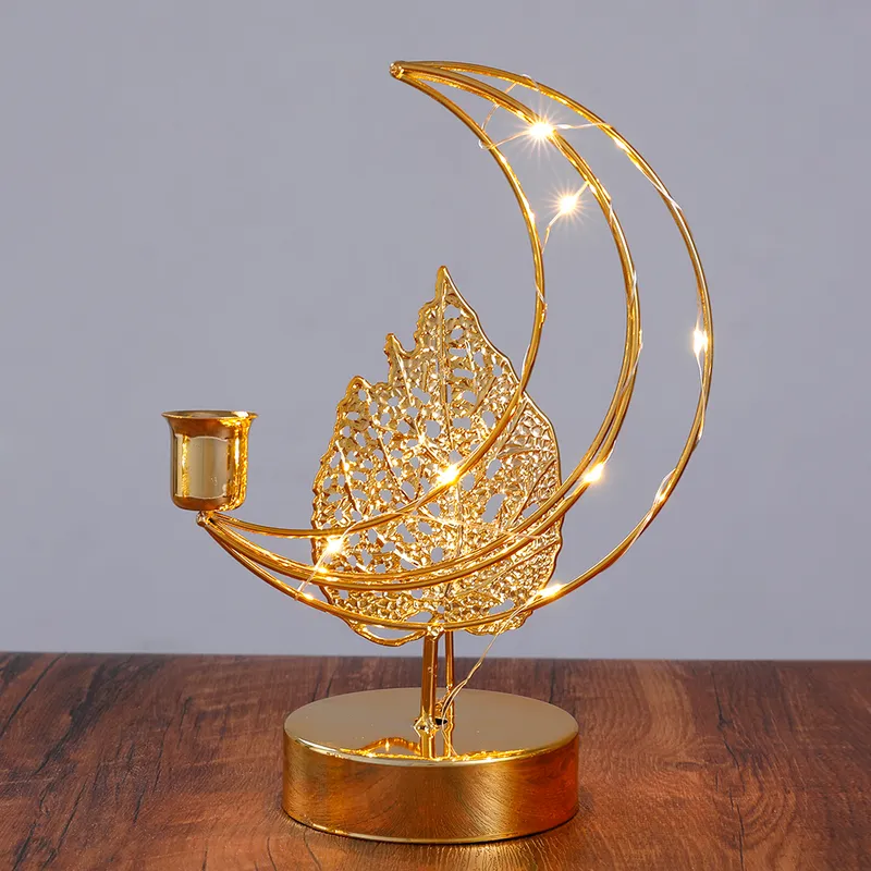 Candeliere EID con foglia di luna cava dorata del Festival del Ramadan con ornamenti decorativi natalizi luminosi a batteria 220527