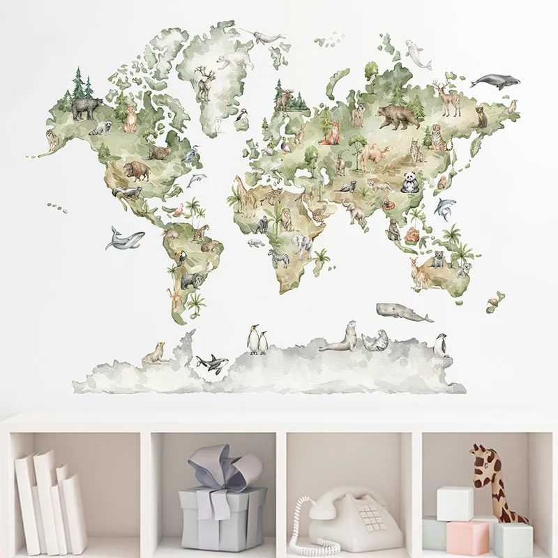 Watercolor World Map Animals Wildlife Wall Stickers Removable Vinyl Wall Decals Print Kids Room Playroom Interior Home Decor 220613