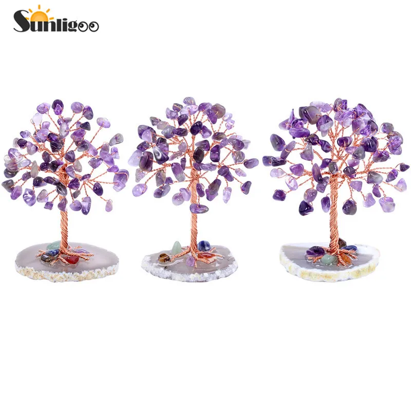 Sunligoo Super Mini arbre à argent en cristal fil de cuivre enveloppé avec tranche d'agate Base pierre précieuse Reiki Chakra Feng Shui arbres décor à la maison 2203460998