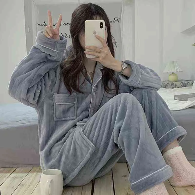 Flannel Pajama Zestawy Kobiety Zima Dwuczęściowa kombinezon domowy 100 Nocna ciepła koreański styl prosty swobodny moda miękka vintage Chic L220803