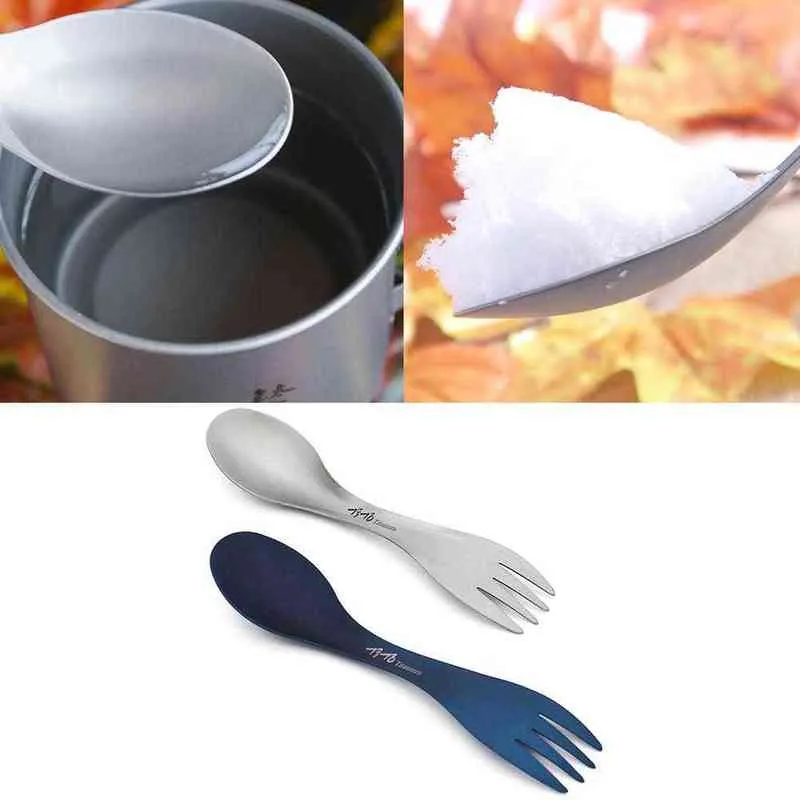 Camping En Plein Air Pique-Nique Titane Cuillère Vaisselle Titane Cuillère Alliage Léger Fourchette Portable Spork Y220530