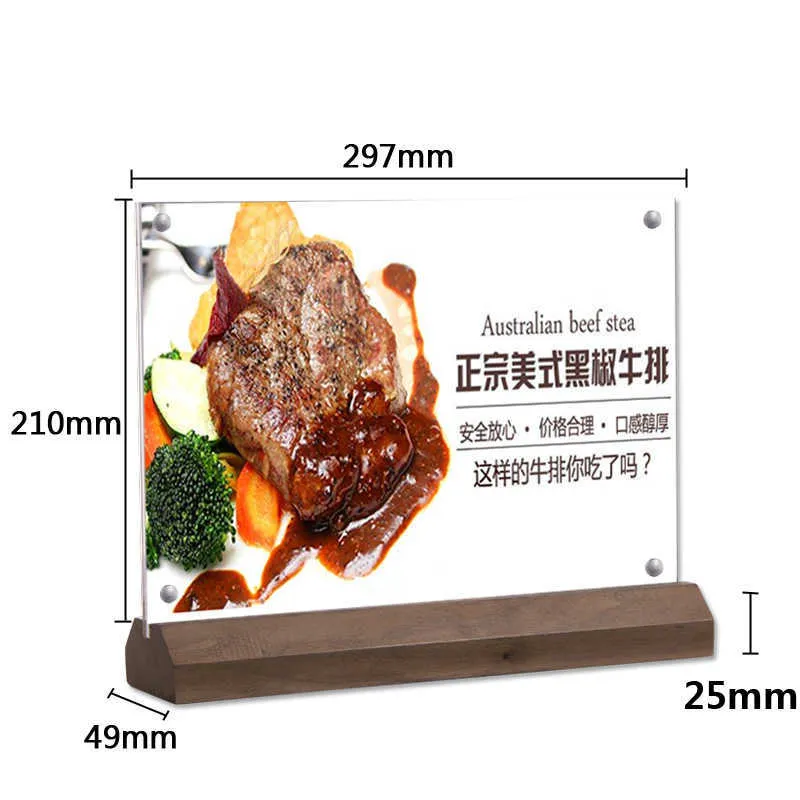 A4 Acrylic Photo Frame T Stand Tabletop Advertising Poster Rack Desk Poster Stand Art Picture Display Black Walnut Wood Base