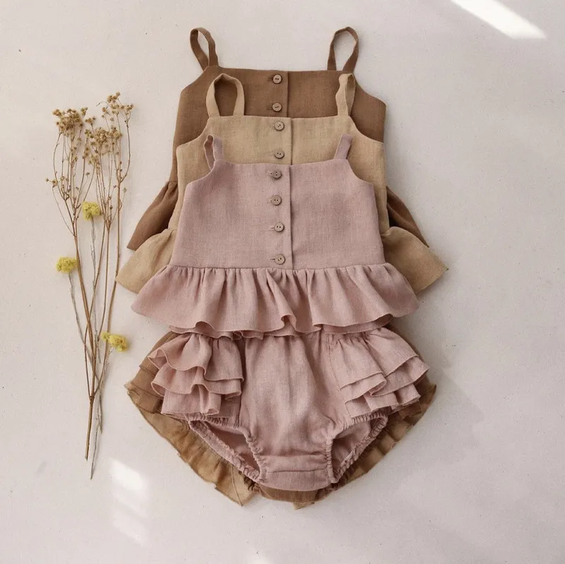 Baby Girl Suits Summer Clothes Tops+Shorts Vest Harness Falbala Cotton Linen Solid Color Outfits Bebe Infant Clothing Sets 220326