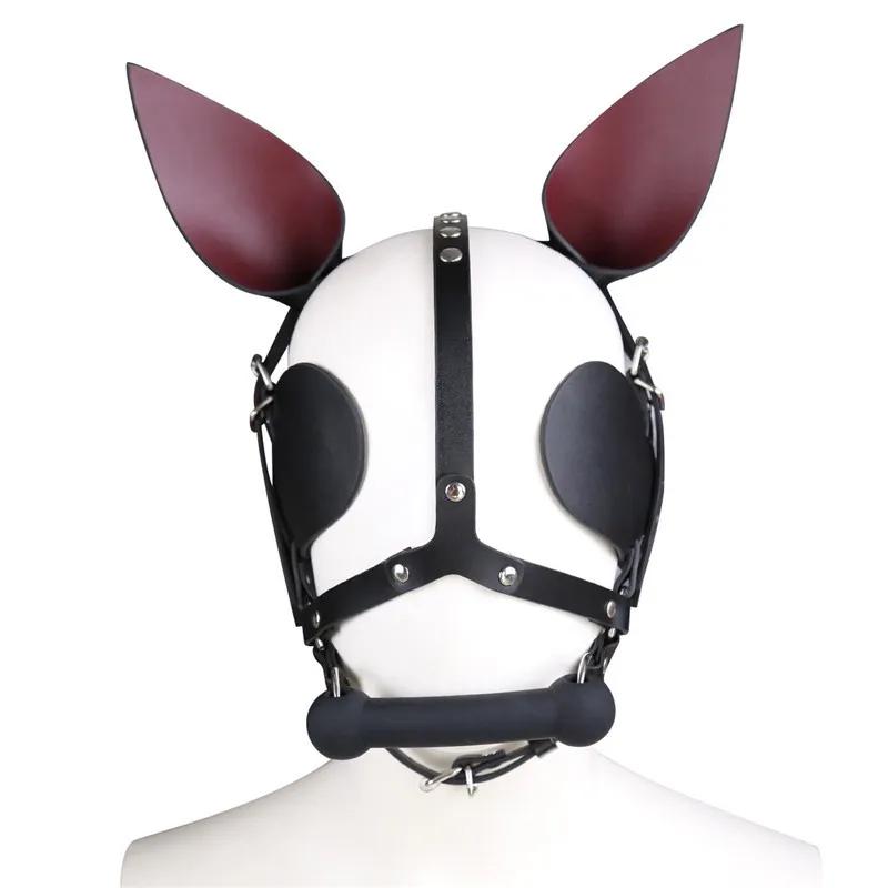 Fetischläder Harness Head Piece Hood Mask med silikon Ben Mun Gag Ears Eye Shade Bit Bendel för Pony Pet Cosplay BDSM 220726