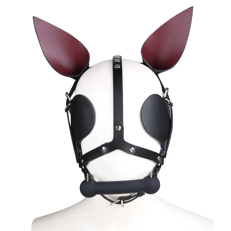 Masque de capot de pièce de tête de harnais en cuir fétichiste avec bouche d'os en Silicone oreilles de bâillon peu d'ombre pour les yeux bandés pour poney animal de compagnie Cosplay Bdsm 225786205