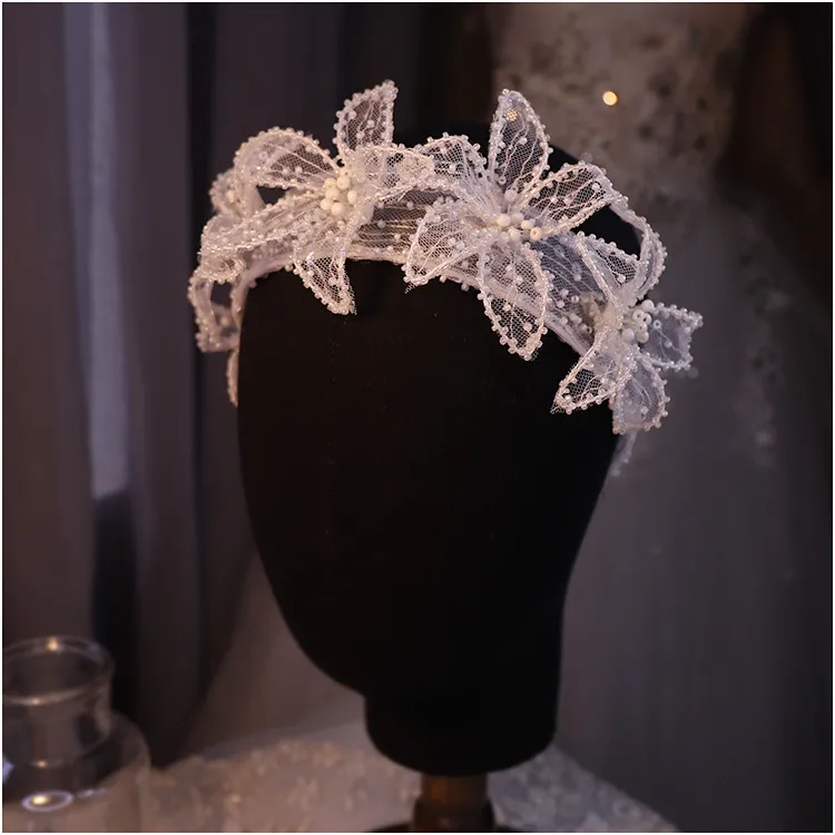 Original Design Lace Flower Small Pearl Beaded Hairbands Brudband Brudbröllop Dekoration Hårtillbehör 0615