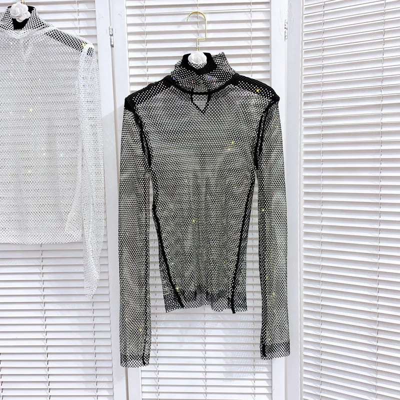 Turtleneck Drilling Slim Sexy Clubwear Shirt Solid See Through Mesh Fishnet Top Women Long Sleeve T-shirt 220516