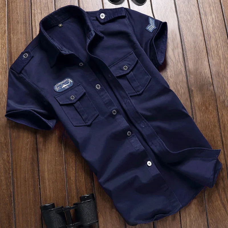 Militär skjorta män taktik kort ärm sommarstoppar fast färg hög kvalitet 100% bomullsficka 5xl plus size man kläder 220527