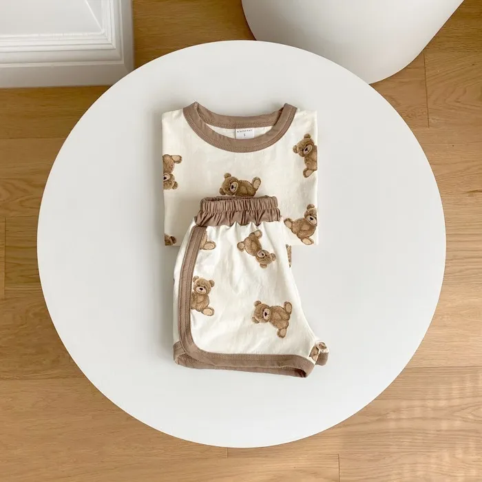 Summer Infant Baby Boy Cartoon Bear Printed Pattern Casual Short Sleeve Tops Toddler Girl Breathable Shorts Set 220608