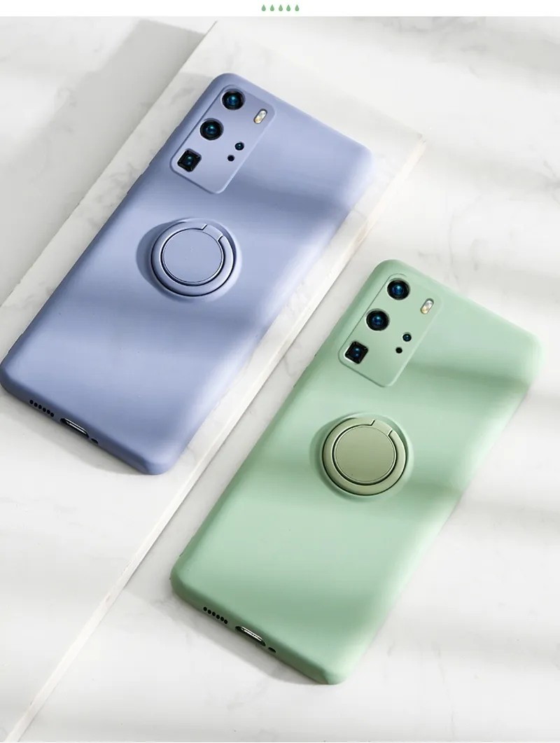 Liquid Silicone Metal Ring Phone Cases For Huawei P40 P30 P20 Pro Camera Lens Protection For Mate 30 20 Pro Back Cover With Strap