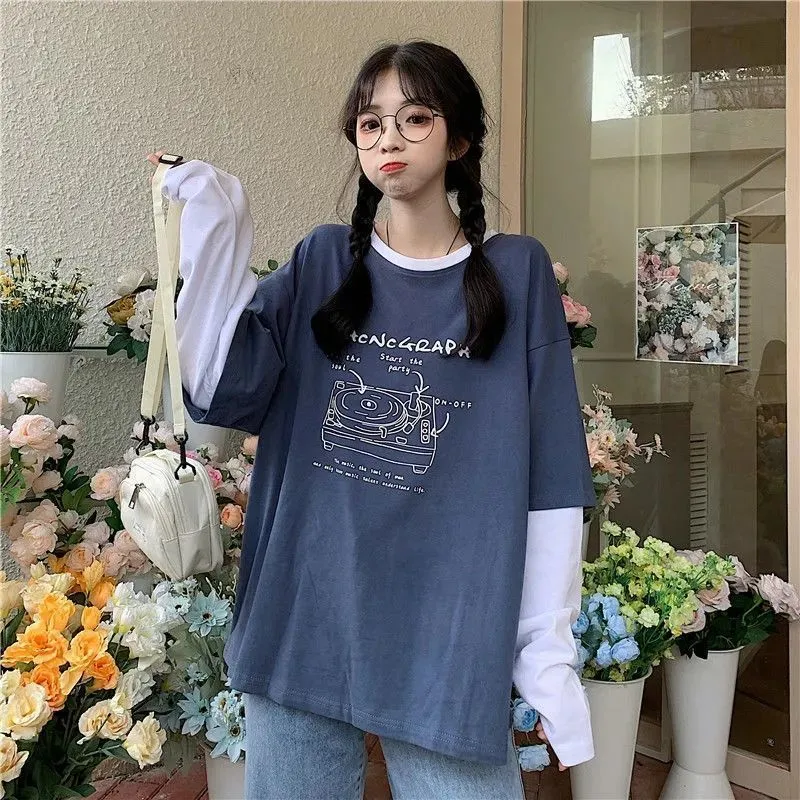 Sahte İki Parça Uzun Kollu T-Shirts Kadın Mektup Baskı Grafik Tee Baggy Kore tarzı Tasarım Taze All-Match Girls Spring Chic 220801