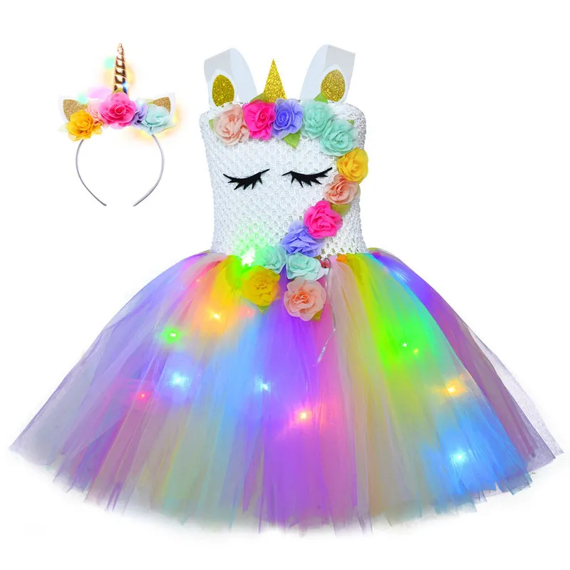 Princess Girls Shiny Tutu Dress Children Cartoon с светодиодными платьями крылышки сцены повязка на голову для девочки 220426