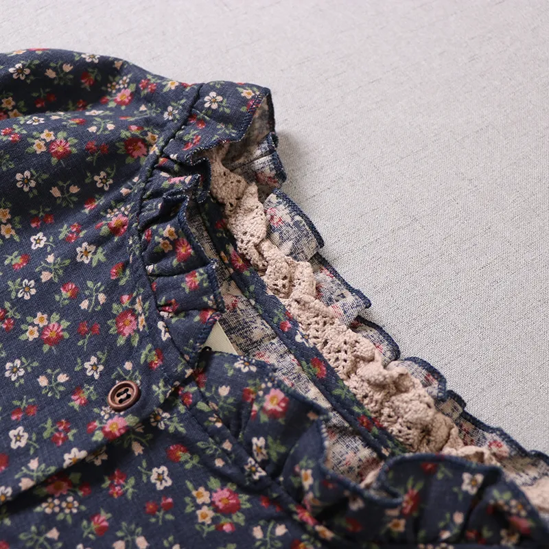 Japanisches Mori-Mädchen-Kunstdruck-Kleid, hübsches Baumwoll-Leinen-Frühlings-Frauen-Blumen-loses, langärmliges Midi-Kleid 220601