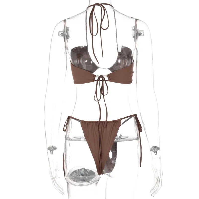 VAMOS Todos Yaz Kahverengi Dize Bikini 2 Parça Set Kadın Seksi Plaj Kıyafet Mayo Yüzme Suit Mayo Ücretsiz Boyutu 220408