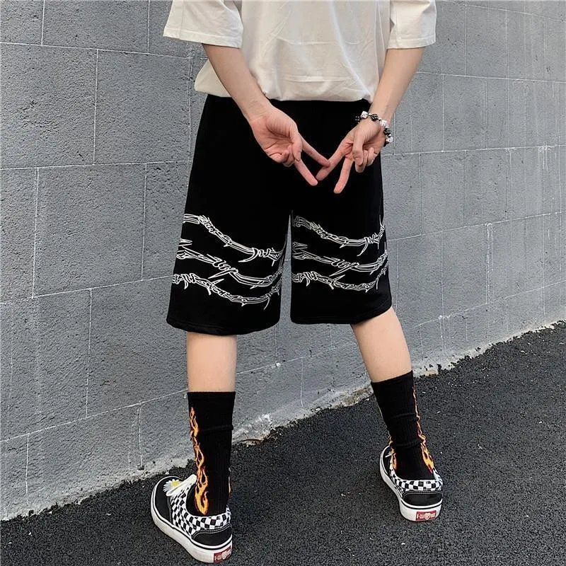 Harajuku men shorts streetwear iron chain pattern jogger wo Summer loose elastic waist Hip hop skateboard 220318