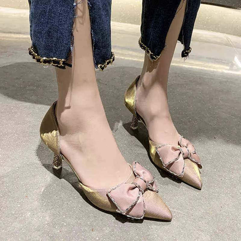Zomer kristal boog d'Orsay pompen vrouwen nieuw puntige teen zijden hoge hakken schoenen vrouw elegant med bruiloft feest 220528