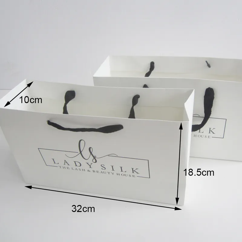 200 stks 18,5x32x10cm Kraft White S afdrukken Aangepast papiercadeau met handvat grote handtas aangepaste tas 220706