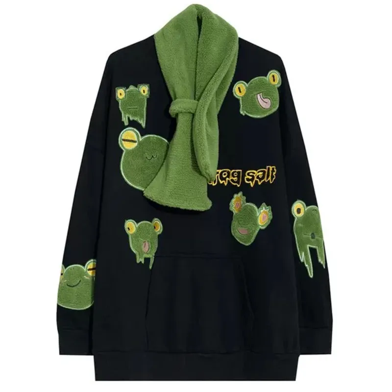 Autumn Winter Frog Eyes Hooded Sweatshirt Zip-up Plush Fleece Oversized Hoodies Women Thicken Keep Warm Kawaii Outwear Top 220725