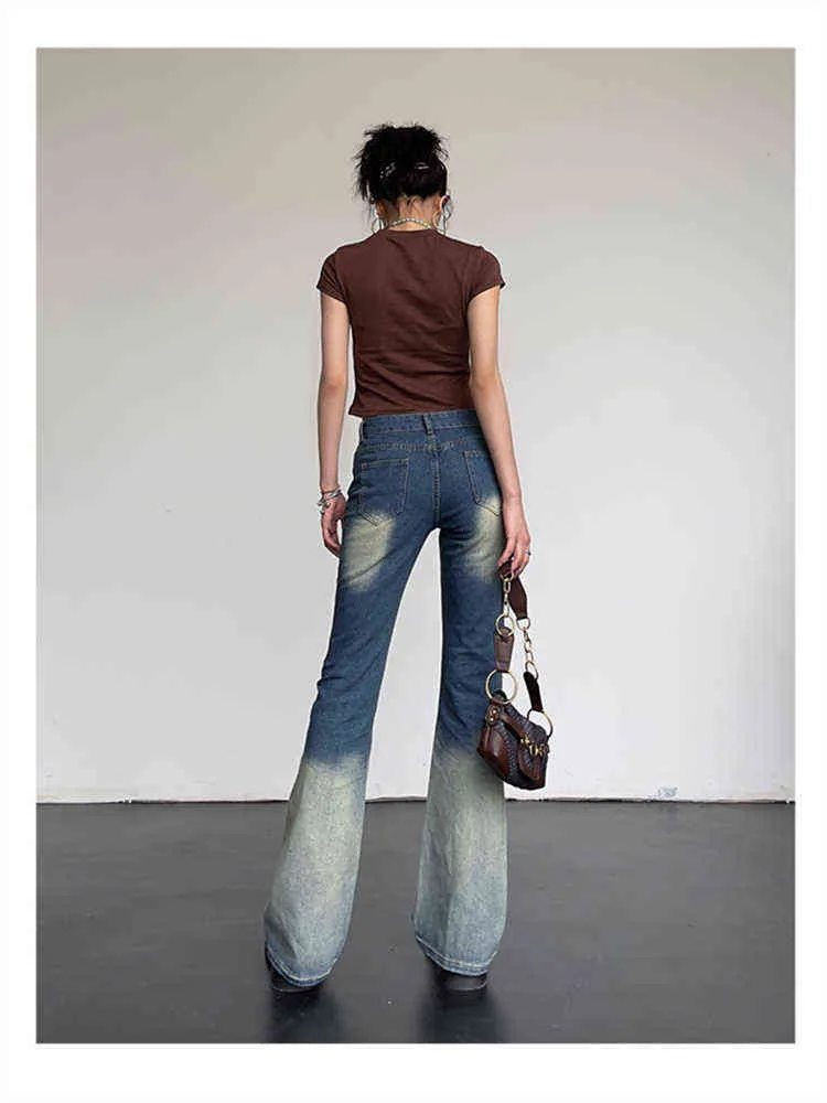 Hoog getailleerde contrasterende kleur Micro-blade jeans zomer hete meid ontwerp wijdbenige rechte hoofdstraat slanke denim broek T220728