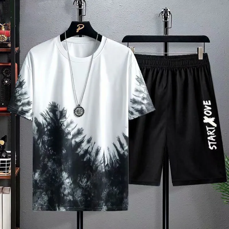 Sommar 3D Tryckt Mens Sports Suit Gradient Färg Bekväm andningsbar Wear Loose ShortSleeved Shorts Twopiece Set 220602