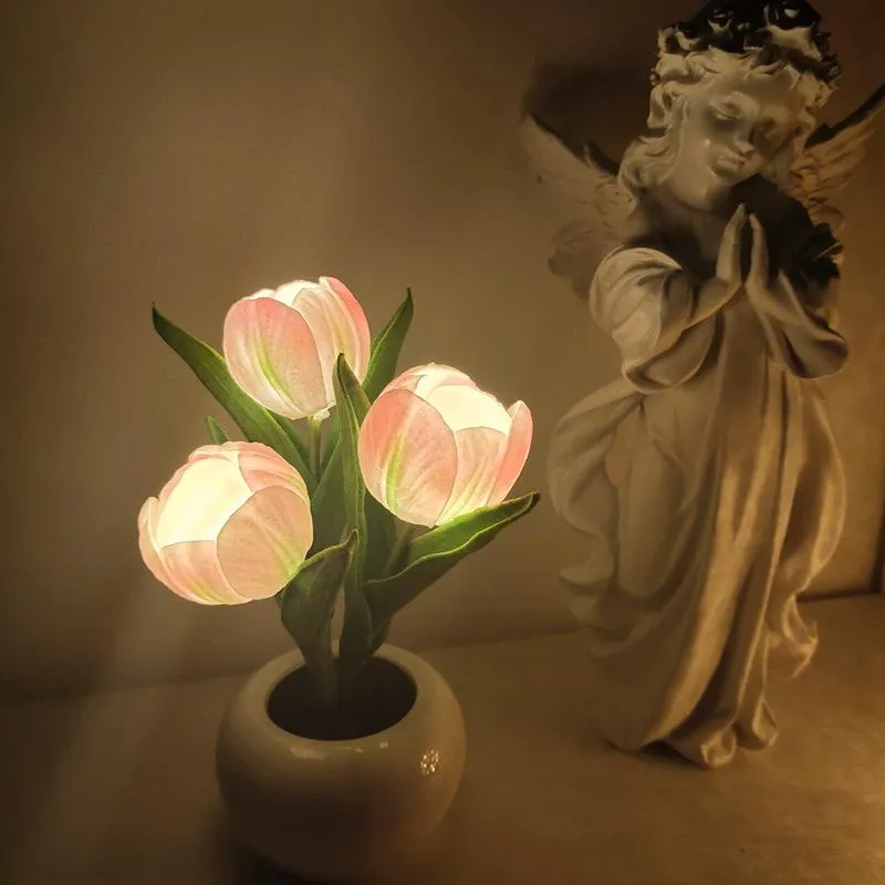 Lampes de table LED Tulip Flowerpot Lampe Rose Chambre Décor Simulation Céramique Atmosphère Veilleuse Décorative OrnementsTable347s