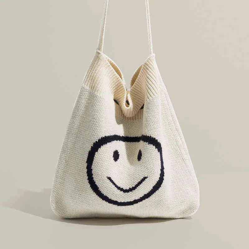 Smile Stampa all'uncinetto a maglia borsetta con borsetta morbida in cotone traversa donne grandi capacità di lavoro viaggi 220711