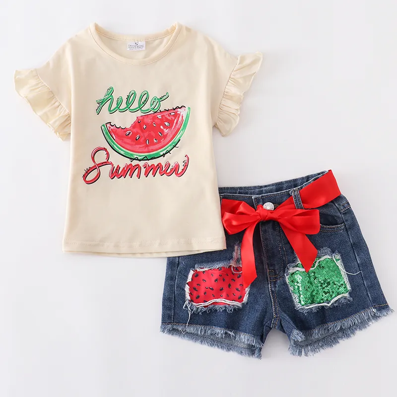 Girlymax Summer Baby Baby Girls Short Sleeve Top Cluffles Boutique Demin Jeans Shorts Set Outfits 220620