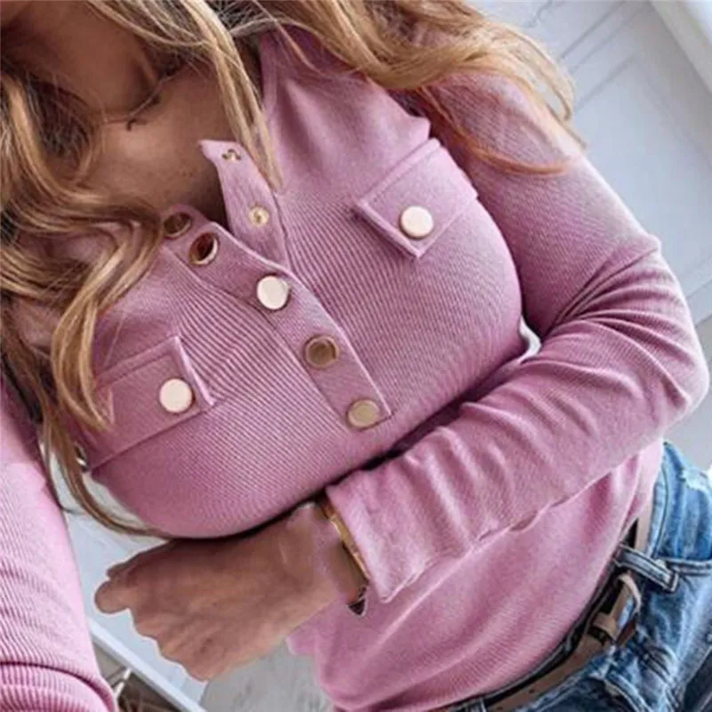 Women Autumn Knitted Sweater O Neck Pullover Long Sleeve T shirt Loose Leisure Elegant Buttons feminina Tee Female Tops 220728